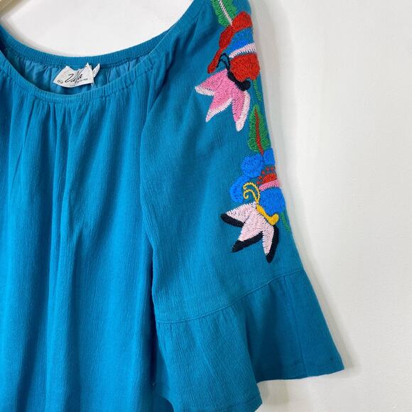 VAVA Floral Embroidered Dress Teal Blue Bell Sleeve Sz XS Beach Summer Tropical - Picture 7 of 9